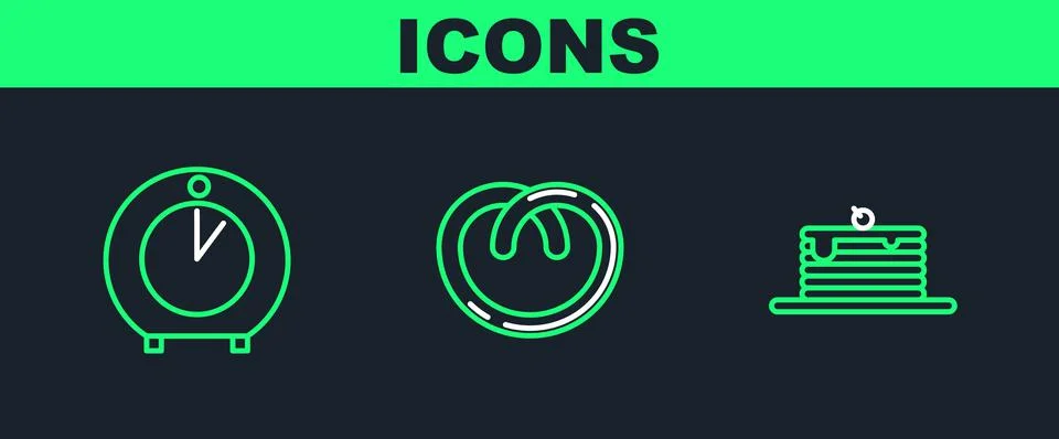 Set line Stack of pancakes, Kitchen timer and Pretzel icon. Vector Stock Illustration