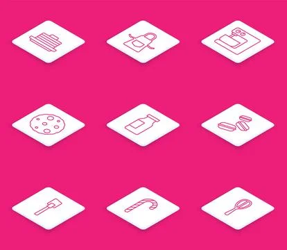 Set line Stack of pancakes, Kitchen apron, Electric mixer, Cookie or biscui.. Stock Illustration