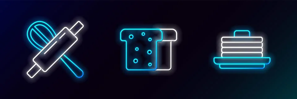 Set line Stack of pancakes, Kitchen whisk and rolling pin and Bread toast i.. Stock Illustration