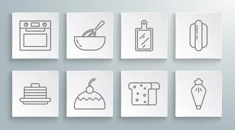 Set line Stack of pancakes, Kitchen whisk and bowl, Cake, Bread toast, Past.. 스톡 일러스트