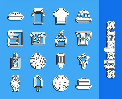 Set line Stack of pancakes, Lollipop, Measuring cup, Chef hat, Bread toast 스톡 일러스트