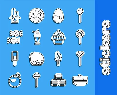 Set line Stack of pancakes, Lollipop, Chocolate egg, Milkshake, Candy, bar and Stock Illustration