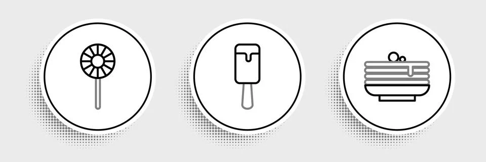 Set line Stack of pancakes, Lollipop and Ice cream icon. Vector イラスト素材