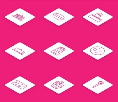 Set line Stack of pancakes, Macaron cookie, Scales, Strawberry cheesecake slice Stockillustratie