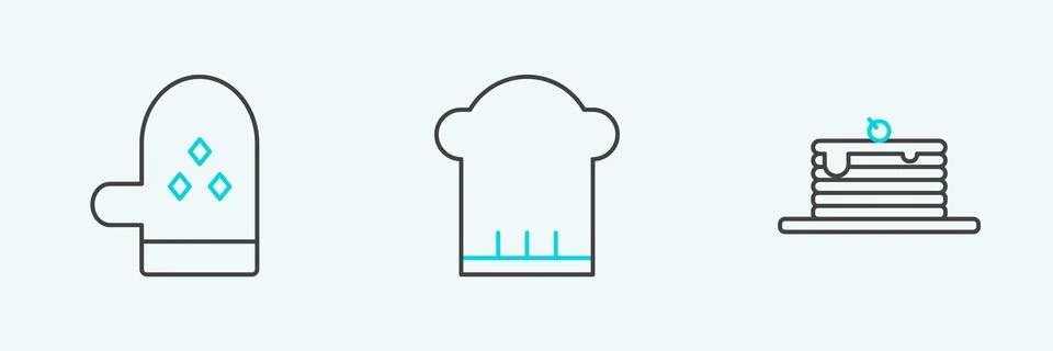 Set line Stack of pancakes, Oven glove and Chef hat icon. Vector 스톡 일러스트