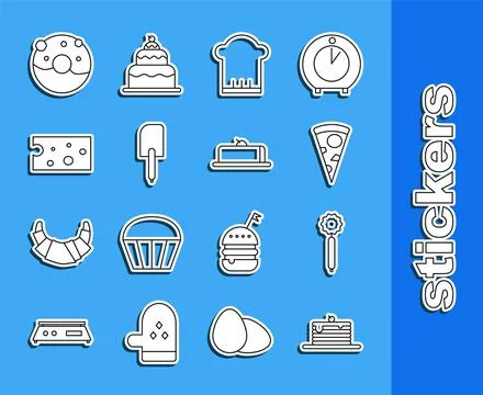Set line Stack of pancakes, Pizza knife, Slice pizza, Chef hat, Spatula, Chee Illustrazione stock