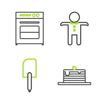 Set line Stack of pancakes, Spatula, Holiday gingerbread man cookie and Oven Stock Illustration