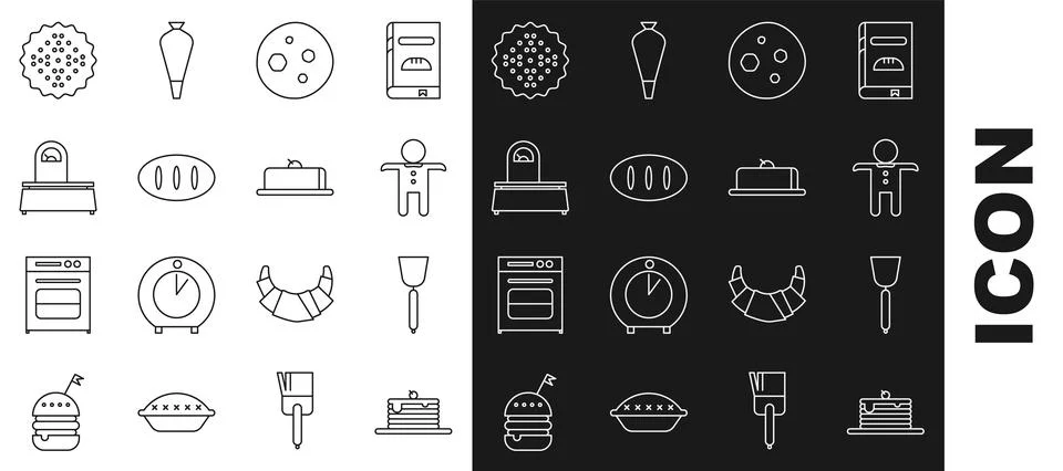 Set line Stack of pancakes, Spatula, Holiday gingerbread man cookie, Cookie or Stock Illustration