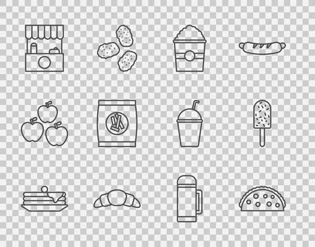 Set line Stack of pancakes, Taco with tortilla, Popcorn in box, Croissant Stockillustratie