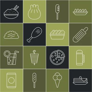 Set line Stack of pancakes, Thermos container, French hot dog, Fried sausage Stock Illustration