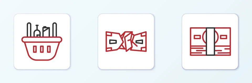 Set line Stacks paper money cash, Shopping basket and food and Crumpled icon Stock Illustration