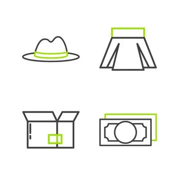 Set line Stacks paper money cash Carton cardboard box Skirt and Man hat with  Stock Illustration
