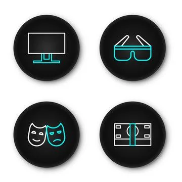 Set line Stacks paper money cash, Comedy and tragedy masks, 3D cinema glass.. 库存插图