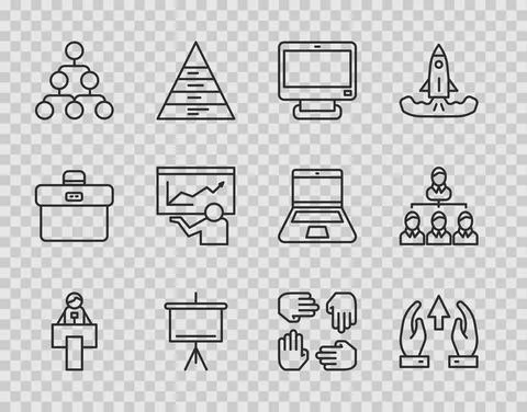 Set line Stage stand or tribune, Growth chart progress, Computer monitor Illustrazione stock