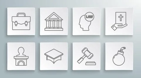 Set line Stage stand or debate podium rostrum, Courthouse building, Graduatio Ilustración de archivo