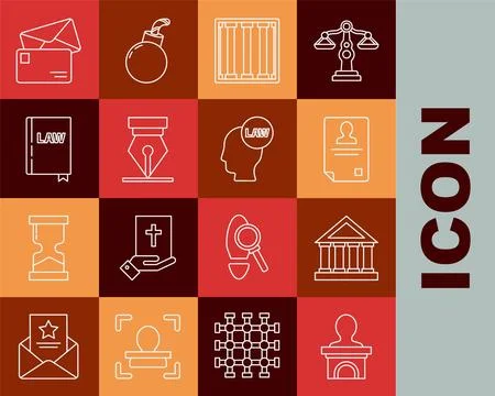 Set line Stage stand or debate podium rostrum, Courthouse building, Identif.. Stock Illustration