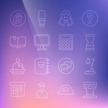 Set line Stage stand, Table lamp, Old hourglass, Medal with star, Computer mo Stock Illustration