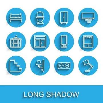 Set line Staircase, Wall sconce, Big bed, Electrical outlet, Table lamp, Wi.. Stock Illustration