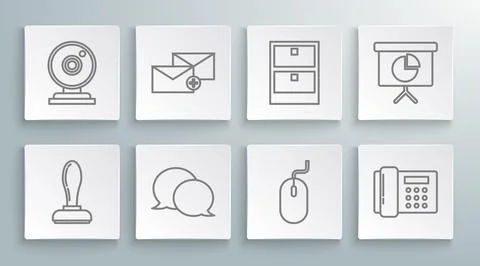 Set line Stamp, Computer mouse, Telephone, Archive papers drawer, Presentation Illustrazione stock