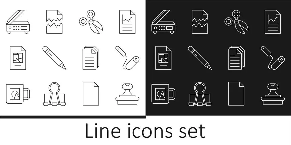 Set line Stamp, Paint roller brush, Scissors, Pencil with eraser, File docu.. Stock Illustration