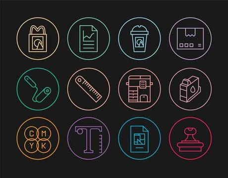 Set line Stamp, Printer ink cartridge, Coffee cup to go, Ruler, Paint rolle.. Stock Illustration