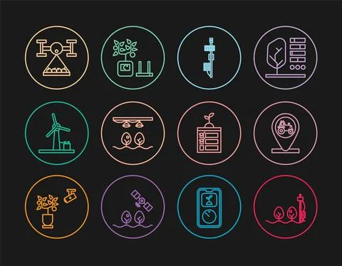 Set line Standalone sensor and plant, Tractor location, Smart farm with bulb Illustrazione stock