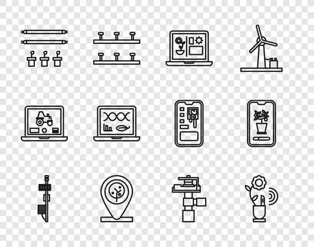 Set line Standalone sensor, Smart farming technology, Location tree, with b.. Stock Illustration