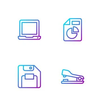 Set line Stapler, Floppy disk, Laptop and Document with graph chart. Gradient Stock Illustration