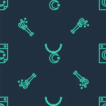 Set line Star and crescent on chain, Aspergillum and on seamless pattern. Vector Stock Illustration