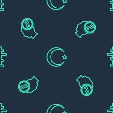 Set line Star and crescent, Yin Yang and Christian cross on seamless pattern Illustrazione stock
