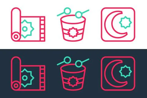 Set line Star and crescent, Traditional carpet and Ramadan drum icon. Vector Stock Illustration