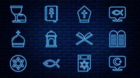 Set line Star and crescent, The commandments, Pope hat, Muslim Mosque, Church Stock Illustration
