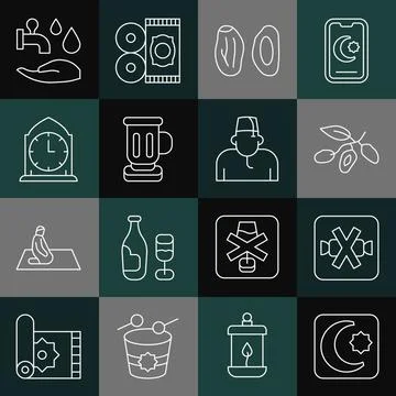 Set line Star and crescent, No sweets, Date fruit, Medieval goblet, Clock, Wudhu Stock Illustration