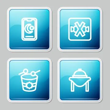 Set line Star and crescent, No sweets, Ramadan drum and Table food icon. Vect Stock Illustration