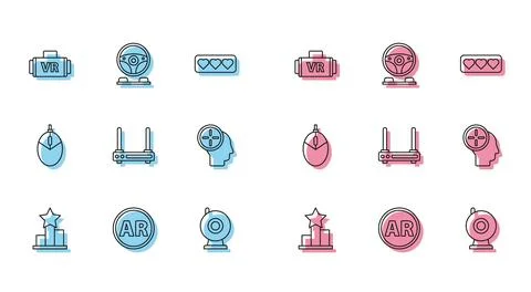 Set line Star, Ar, augmented reality, Virtual glasses, Web camera, Router a.. Illustrazione stock