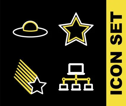 Set line Star, Computer network, Falling star and UFO flying spaceship icon.. Stock Illustration