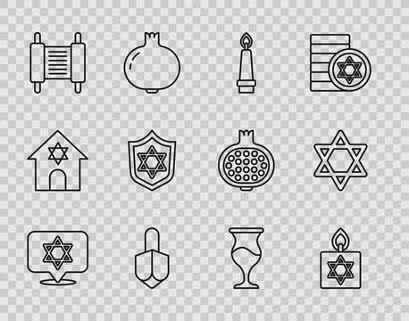 Set line Star of David, Burning candle, Hanukkah dreidel, Torah scroll, Shi.. Stock Illustration