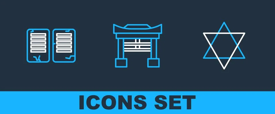 Set line Star of David, The commandments and Japan Gate icon. Vector Illustrazione stock