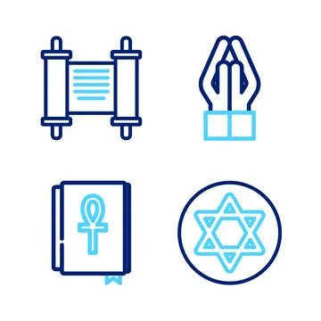 Set line Star of David, Cross ankh book, Hands in praying position and Decr.. Stock Illustration