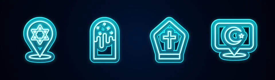 Set line Star of David, Easter cake, Pope hat and and crescent. Glowing neon Illustrazione stock