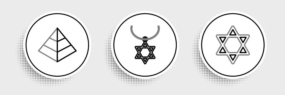 Set line Star of David, Egypt pyramids and necklace on chain icon. Vector Illustrazione stock