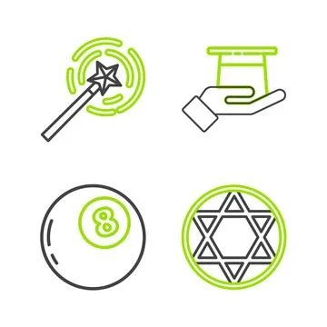 Set line Star of David, Magic ball predictions, Magician hat in hand and wa.. Stock Illustration