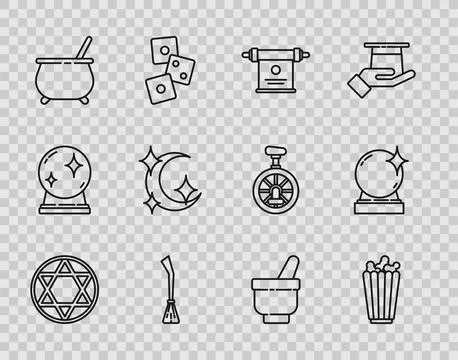 Set line Star of David, Popcorn in box, Magic scroll, Witches broom, cauldr.. Stock Illustration