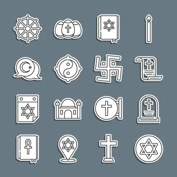 Set line Star of David, Tombstone with cross, Decree, paper, parchment, scr.. Stock Illustration