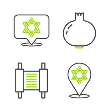 Set line Star of David, Torah scroll, Pomegranate and icon. Vector Stock Illustration