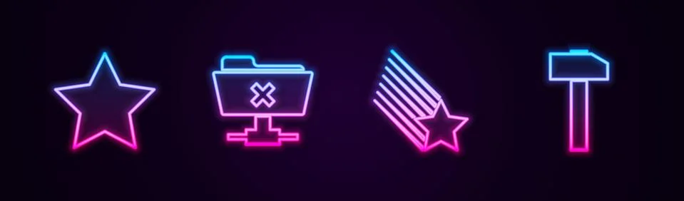 Set line Star, FTP cancel operation, Falling star and Hammer. Glowing neon icon Stock Illustration