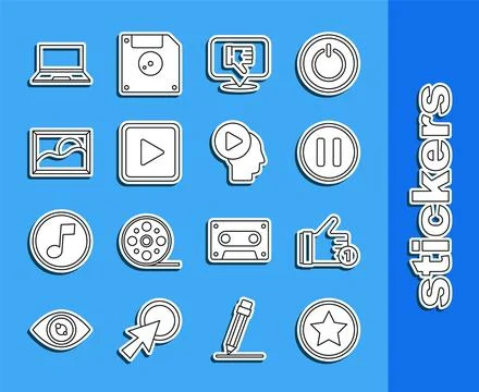 Set line Star, Hand like, Pause button, Dislike in speech bubble, Play squa.. Illustrazione stock