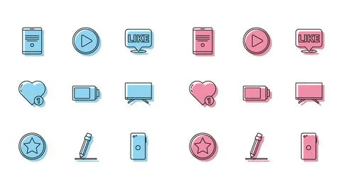 Set line Star, Pencil with eraser, Tablet, Smartphone, mobile phone, Battery Stock Illustration