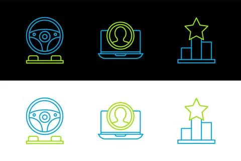 Set line Star, Racing simulator cockpit and Create account screen icon. Vector Stock Illustration