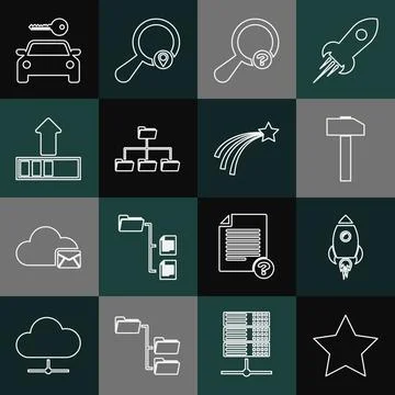 Set line Star, Rocket ship with fire, Hammer, Unknown search, Folder tree Illustrazione stock